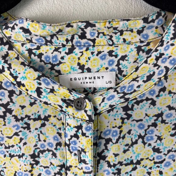 Equipment Silk Floral Blouse Size L Yellow Blue Print Popover - Picture 3 of 8